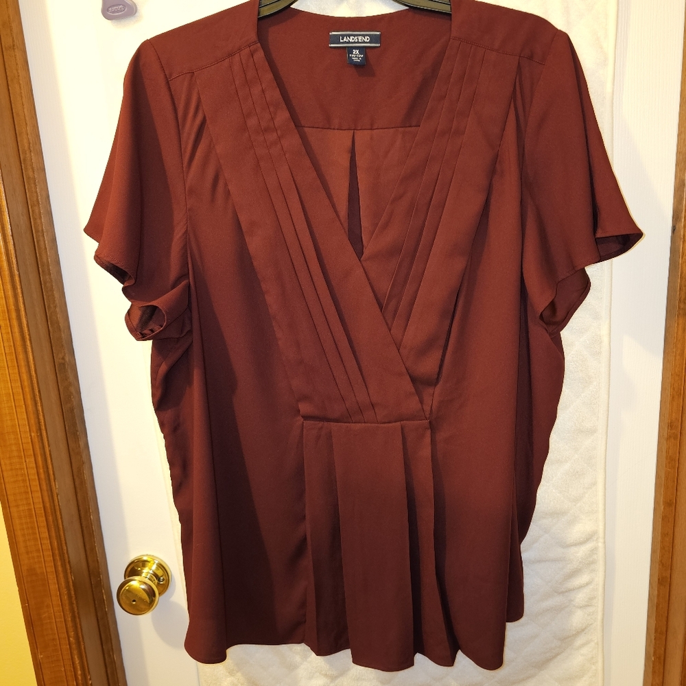 2x Lands End Maroon Short Sleeve V-neck Blouse Top